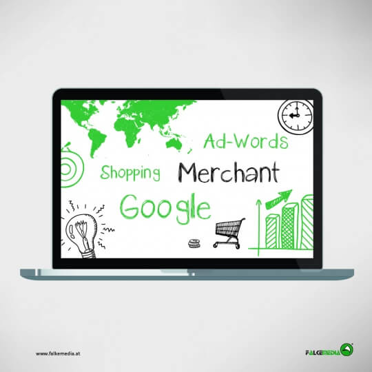 Bilschirm mit Scribbles und Schlagworten zu Google Shopping, Google Merchant und Google AdWords