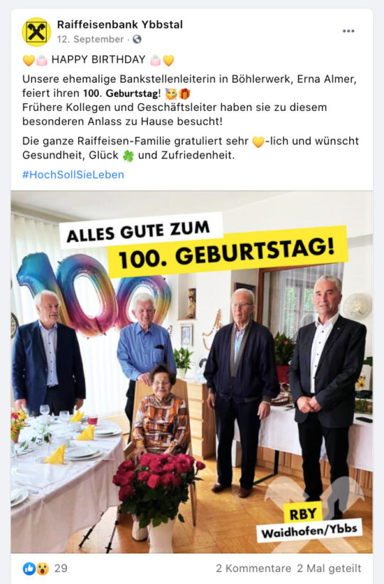 Gratulationen zum 100.Geburtstag Raiffeisenbank Ybbstal auf Social Media